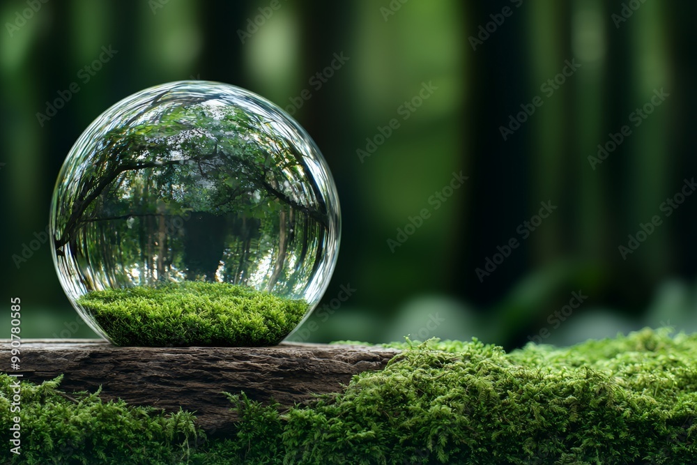 Small tree growing inside a glass sphere on a lush green moss surface, symbolizing environmental protection. Small tree growing inside a glass sphere on a lush green moss surface, symbolizing environmental protection.