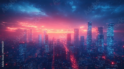 A futuristic cityscape in the metaverse, showcasing smart data skyscrapers and the integration of business and technology.