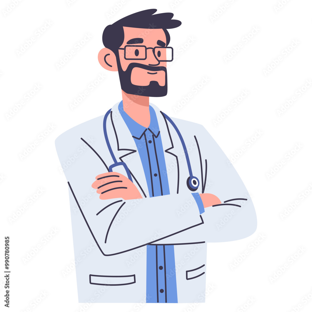 Man doctor standing with arms folded on his chest. Flat vector illustration. . Vector illustration Man doctor standing with arms folded on his chest. Flat vector illustration. . Vector illustration