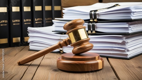 Gavel and Legal Documents on Wooden Table