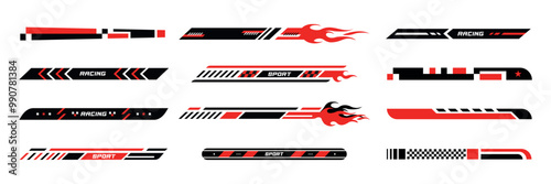 Sport Racing Tuning Stripes Vector Flat Set on White Background. Design with Arrows, Flame, Burning Fire, Geometric Shapes, Checkered Pattern and Lines for Sport Cars, Moto, Bots.	