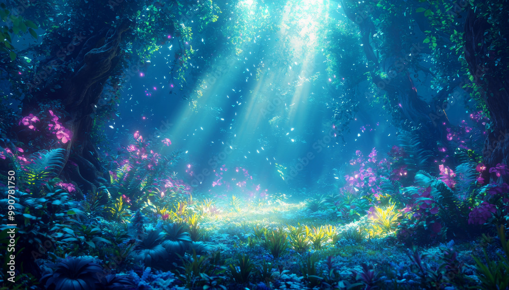 A vibrant, enchanted forest illuminated by soft rays of light, featuring lush greenery and colorful flowers. A vibrant, enchanted forest illuminated by soft rays of light, featuring lush greenery and colorful flowers.