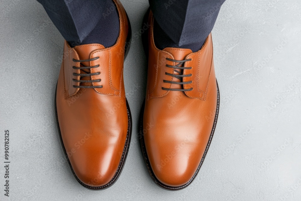 Stylish brown leather shoes worn by a person standing on a gray floor, viewed from above. Stylish brown leather shoes worn by a person standing on a gray floor, viewed from above.