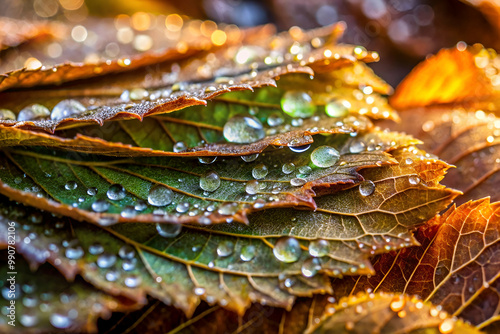 The image showcases a leaf with water droplets on it, giving it a tranquil and calming appearance. The droplets are scattered across the leaf, creating a sense of movement and life