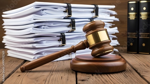 Gavel and Legal Documents on Wooden Table