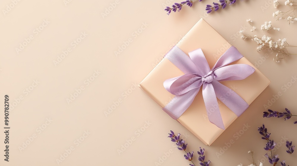 A beautifully wrapped gift box with lavender flowers, perfect for celebrations. A beautifully wrapped gift box with lavender flowers, perfect for celebrations.