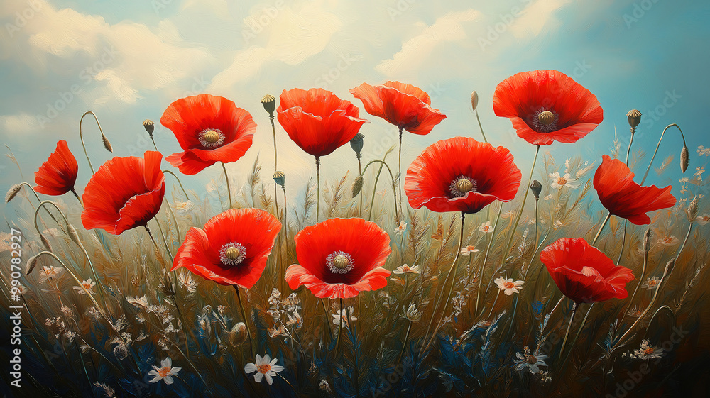 Obraz premium Scenic View of a Summer Field Blanketed in Red Poppies