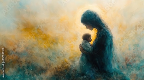 ethereal watercolor nativity scene with soft muted colors focusing on mary cradling baby jesus surrounded by a dreamy abstract background photo