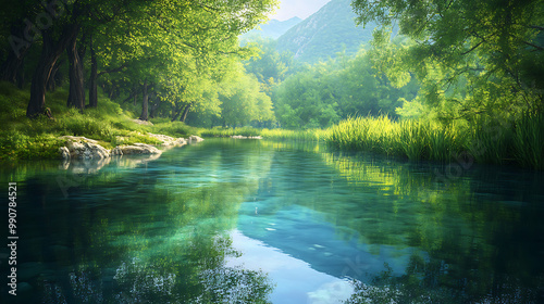 Flawless artificial river flowing through an idealized landscape, with perfect reflections