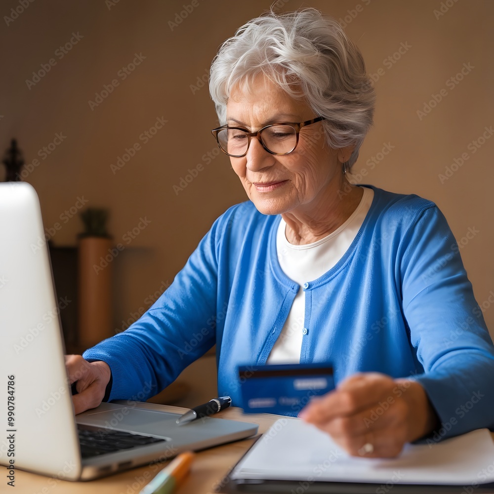 Senior woman using credit card for online transactions Senior woman using credit card for online transactions