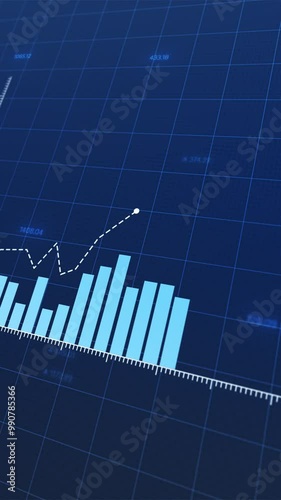 Dynamic animation showcasing fluctuating market upward and downward trends, animated bars, vibrant blue and white color palette, financial data visualization, copy space.