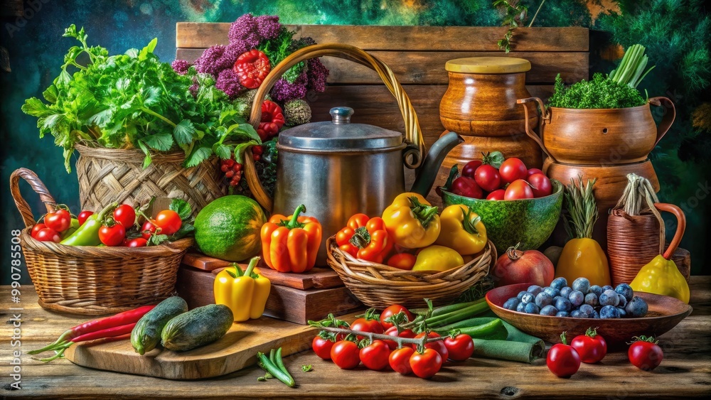 A beautiful still life featuring vibrant fruits and vegetables arranged with rustic kitchenware, evoking a warm, inviting atmosphere perfect for any dining experience. A beautiful still life featuring vibrant fruits and vegetables arranged with rustic kitchenware, evoking a warm, inviting atmosphere perfect for any dining experience.