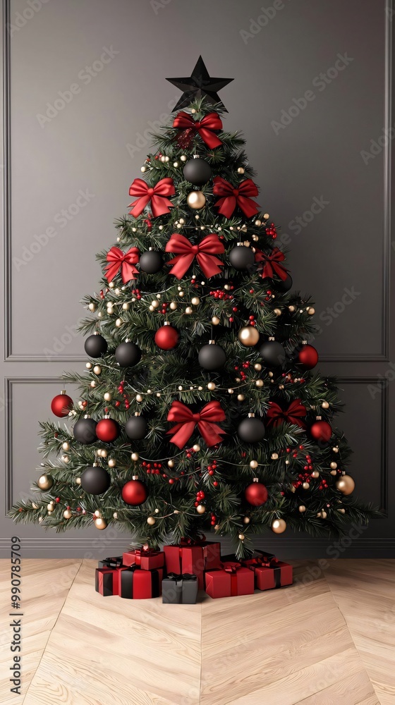 Elegant Christmas tree adorned with red and black ornaments, bows, and twinkling lights, perfect for festive celebrations. Elegant Christmas tree adorned with red and black ornaments, bows, and twinkling lights, perfect for festive celebrations.