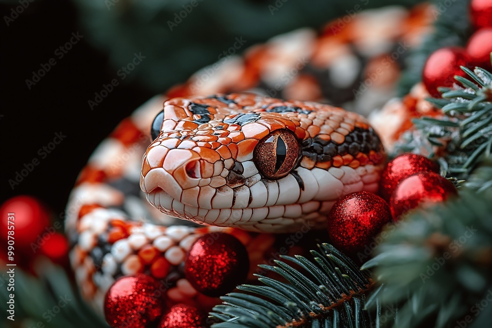 Fototapeta premium Festive Snake Among Ornaments