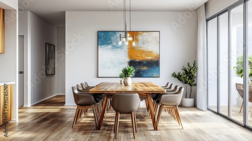Fototapeta Naklejka Na Ścianę i Meble -  A spacious dining area with a large oak table, mid-century modern chairs, and an abstract painting on the wall
