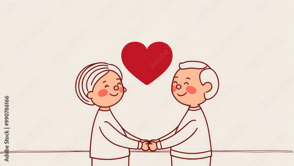 Cute old Couple in love. Red heart above them. Minimalist illustration. Print, Valentines Day, love poster. AI generated Cute old Couple in love. Red heart above them. Minimalist illustration. Print, Valentines Day, love poster. AI generated