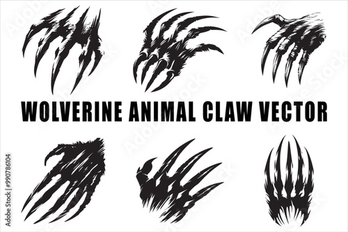 Aggressive Wolverine Claw Vector Silhouette Pack, Fierce Wolverine Claw Vector Silhouette Collection