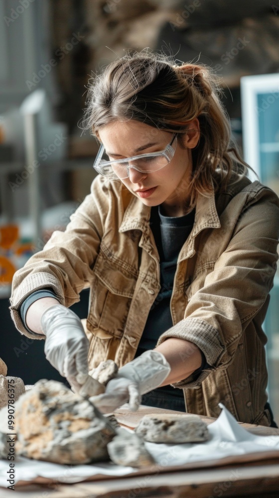 Fototapeta premium A focused female potter in her studio wearing protective gear molds clay amidst sculptures and tools, creating a warm, industrious atmosphere.