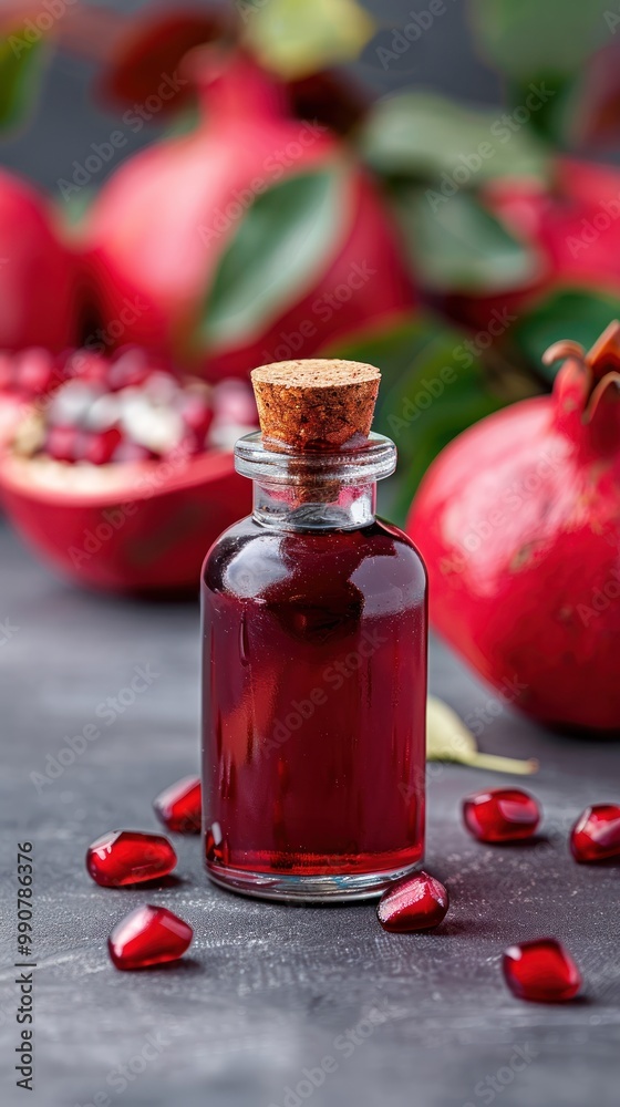 Closeup of a bottle of pomegranate extract.