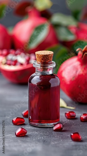 Closeup of a bottle of pomegranate extract.
