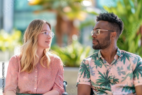 two diverse coworkers having an engaging conversation outside the office