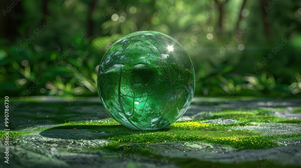 A green glass sphere lies on the grass A green glass sphere lies on the grass