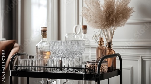 A stylish bar cart with glassware and decorative items in a chic setting