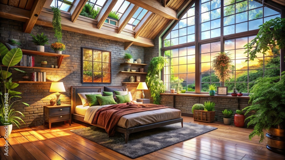 A cozy and modern bedroom with loft space, showcasing stylish decor and abundant natural light streaming through large windows, creating a serene retreat for relaxation.