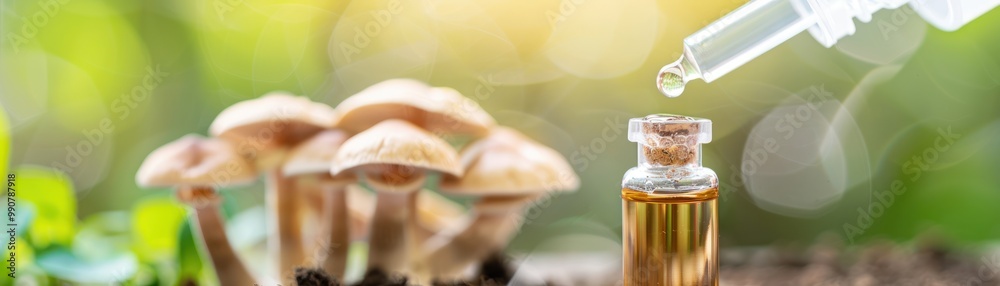 Mushroom extract being poured into a small vial.