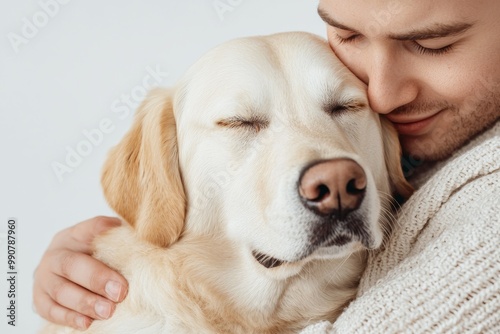 Man hugging a golden retriever, both with closed eyes, expressing love and emotional bond.