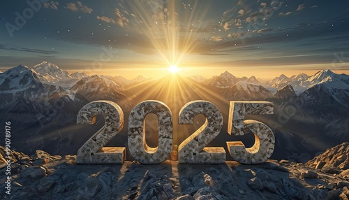 Majestic stone 2025 at sunrise over mountain range, symbolizing new beginnings and resolutions