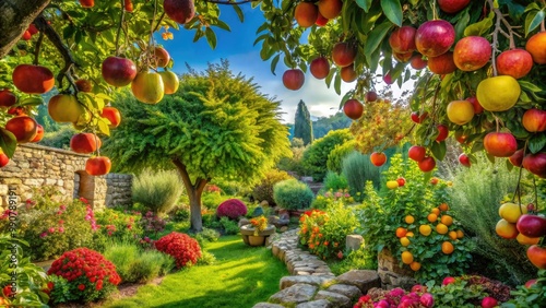 A lush garden of Hesperides, bursting with vibrant fruits and lush foliage, creates an enchanting, peaceful landscape full of beauty and tranquility. photo