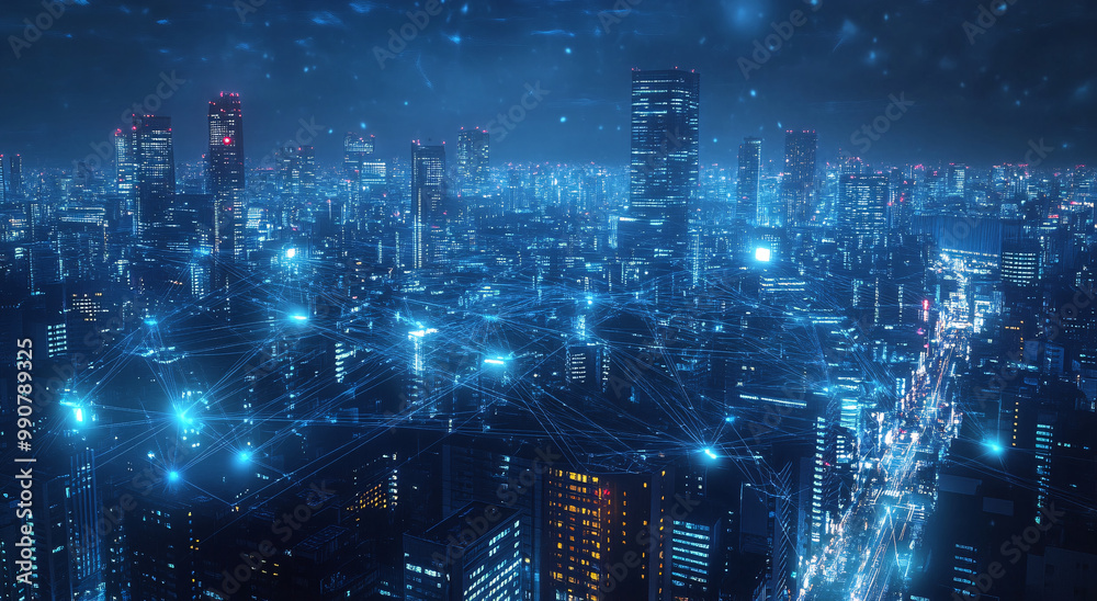 Fototapeta premium Wide-angle aerial view of the city skyline at night, with glowing connections between buildings and streetlights forming intricate networks representing smart urban infrastructure, featuring digital b