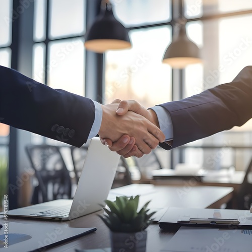 A diverse professional handshake between two businessmen executives in a modern office setting