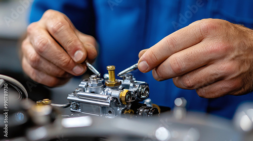 a mechanic's hands working on carburetor