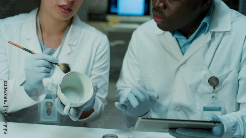 Two diverse forensic technicians in white coats and gloves working together in crime lab. Woman dusting cup for fingerprints and telling results to male colleague using digital tablet Two diverse forensic technicians in white coats and gloves working together in crime lab. Woman dusting cup for fingerprints and telling results to male colleague using digital tablet