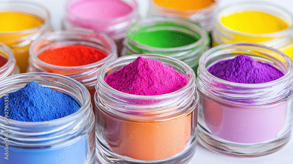 vibrant paint pigment powders in glass jars, macro shot vibrant paint pigment powders in glass jars, macro shot