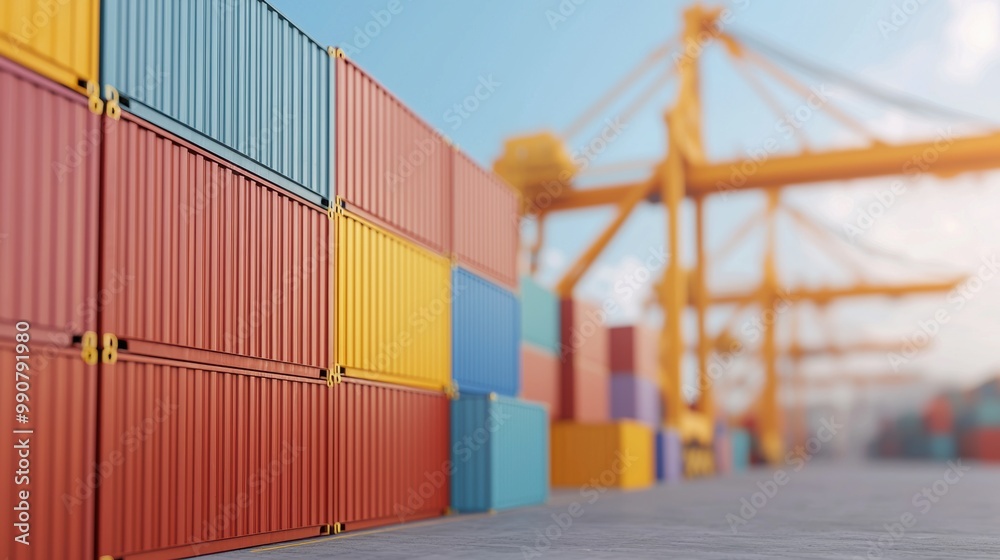 Fototapeta premium Colorful shipping containers stacked at a port with cranes in the background.