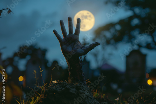 Zombie hand emerging from the ground in a cemetery under a full moon. The eerie atmosphere and dark setting make it perfect for Halloween themes, horror designs, and haunted house advertisements. 