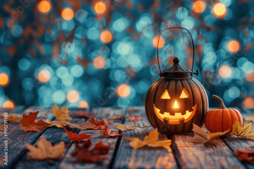 A glowing Halloween lantern shaped like a Jack-O'-Lantern and a small pumpkin sit on a rustic wooden table, surrounded by scattered autumn leaves. The soft bokeh lights in the background.