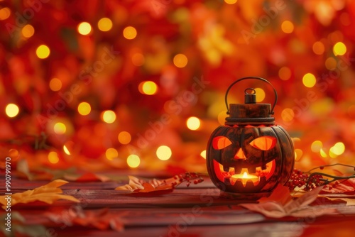 A glowing Halloween lantern shaped like a Jack-O'-Lantern on a rustic wooden table, surrounded by scattered autumn leaves. The soft red bokeh lights in the background.