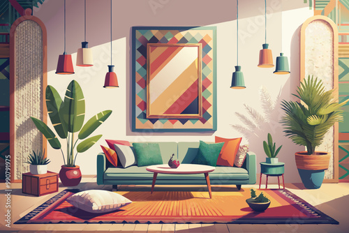 Vibrant Bohemian Living Room Interior with Lush Plants and Colorful Decor