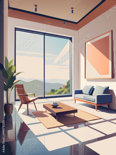 Modern Living Room Interior with Mountain View and Natural Light