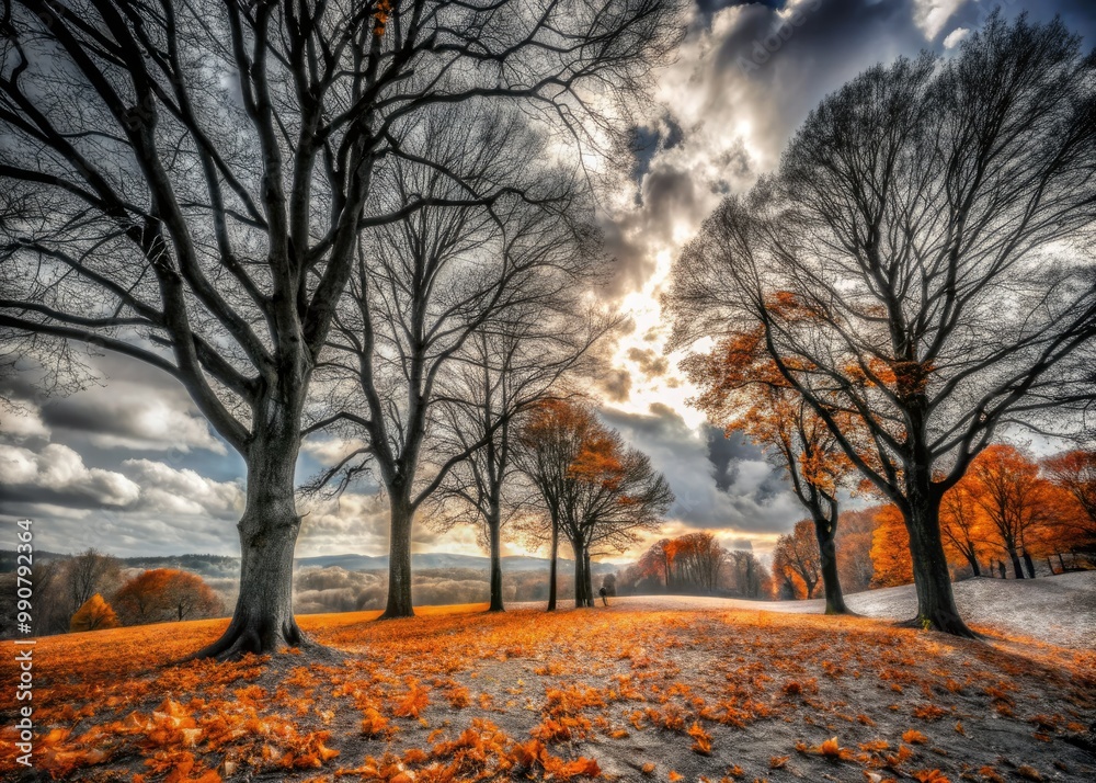 Fototapeta premium A tranquil black and white autumn scene featuring bare trees, scattered fallen leaves, and a peaceful atmosphere that captures the essence of the season's beauty.