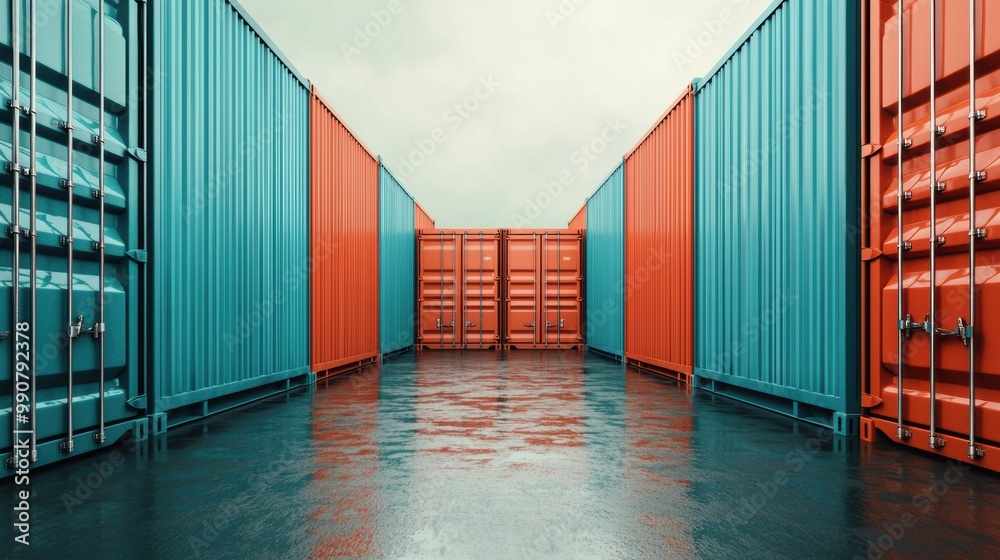Fototapeta premium Colorful shipping containers lined up, reflecting on a wet surface, dramatic sky.