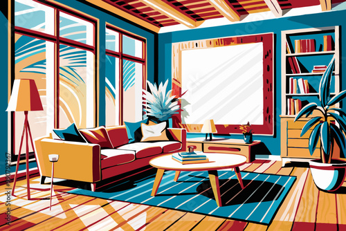 Modern Living Room Interior with Vibrant Colors and Natural Light