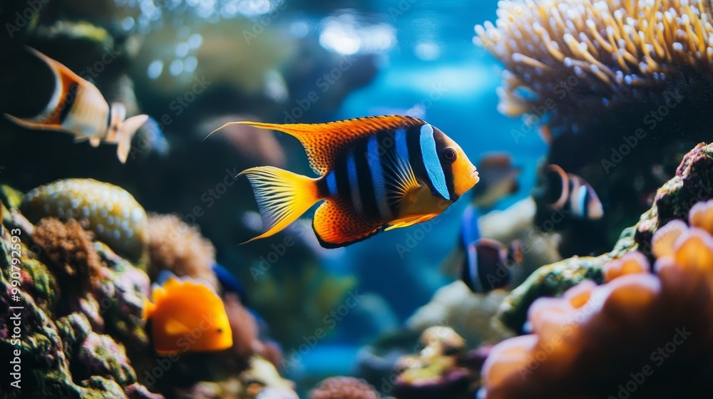 Fototapeta premium A colorful fish swims in a tank with other fish
