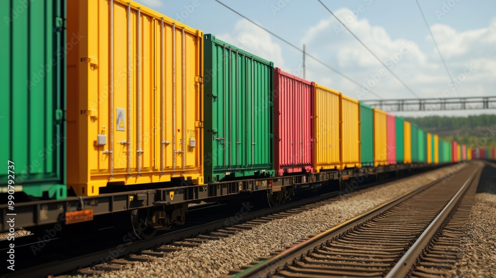 Colorful shipping containers lined up on railway tracks under a clear blue sky. Colorful shipping containers lined up on railway tracks under a clear blue sky.