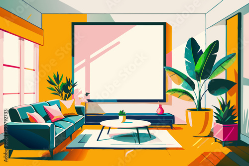 Vibrant Modern Living Room Interior With Tropical Plants