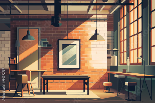 Modern Industrial Loft Interior with Sunlight and Shadows